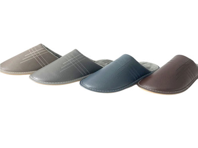 Wholesale Prices Warm Flannel Lining Flat Bottom Non-slip Home Leather Slipper For Men